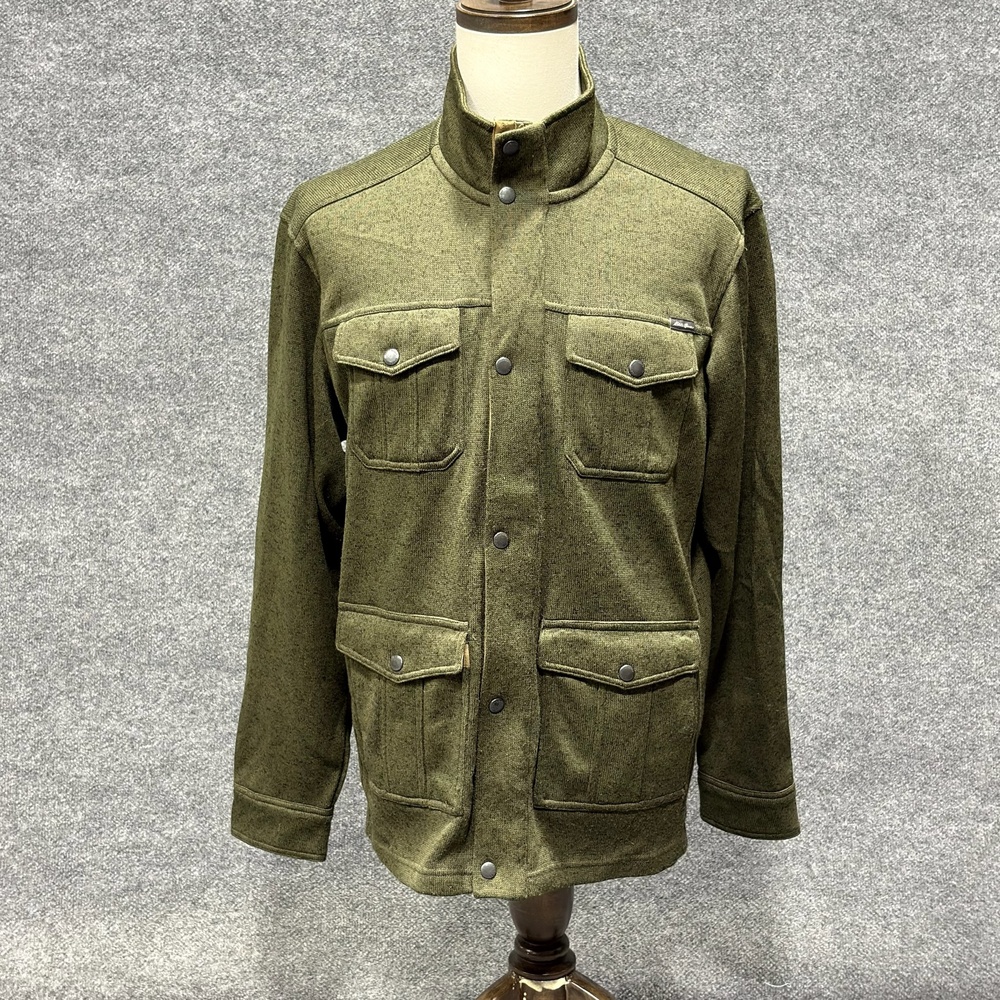 Eddie Bauer Jacket Mens Large Green Fleece Military Snap Front Pockets Knit